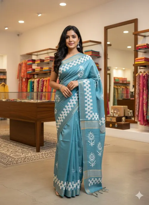 Semi Tussar Silk Saree with Authentic Batik Print – Elegant & Artisanal Drape